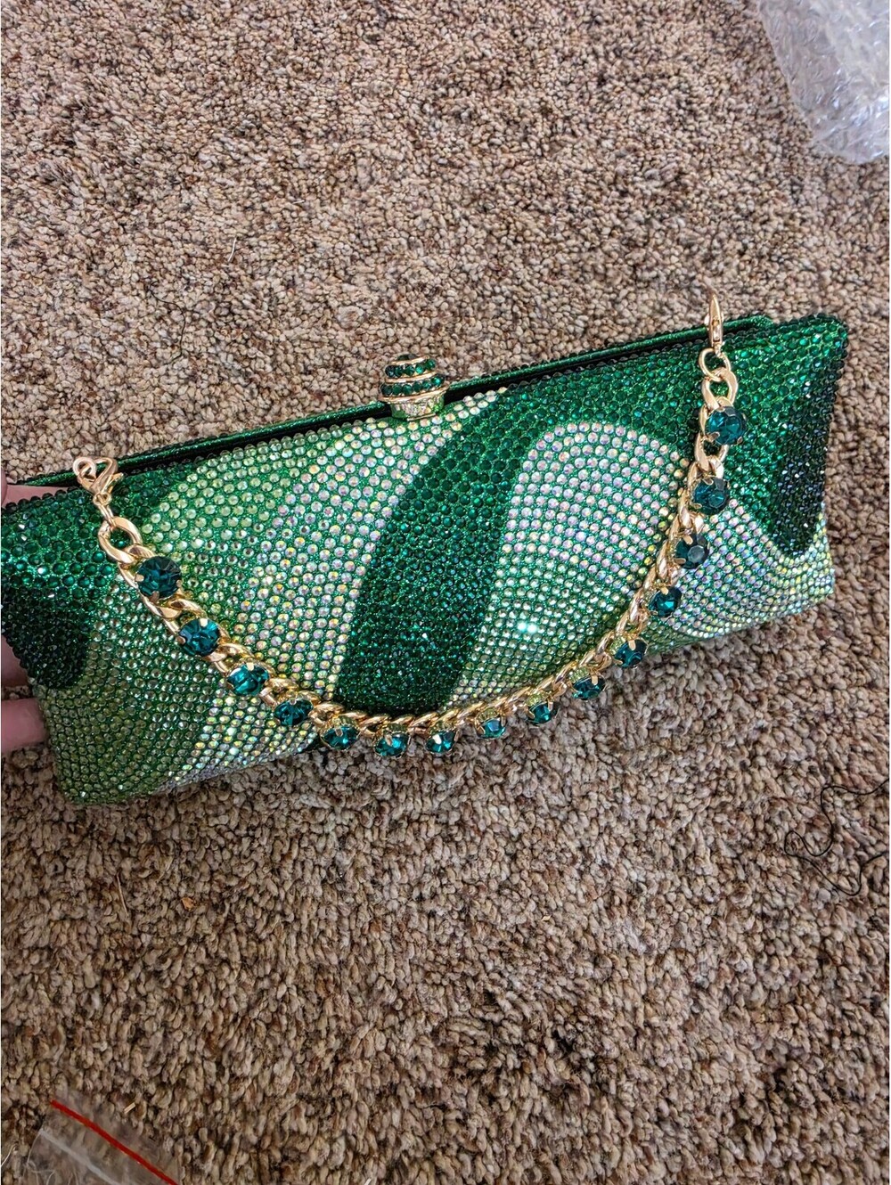 Green Crystal Evening Clutch Bag with Gold Chain